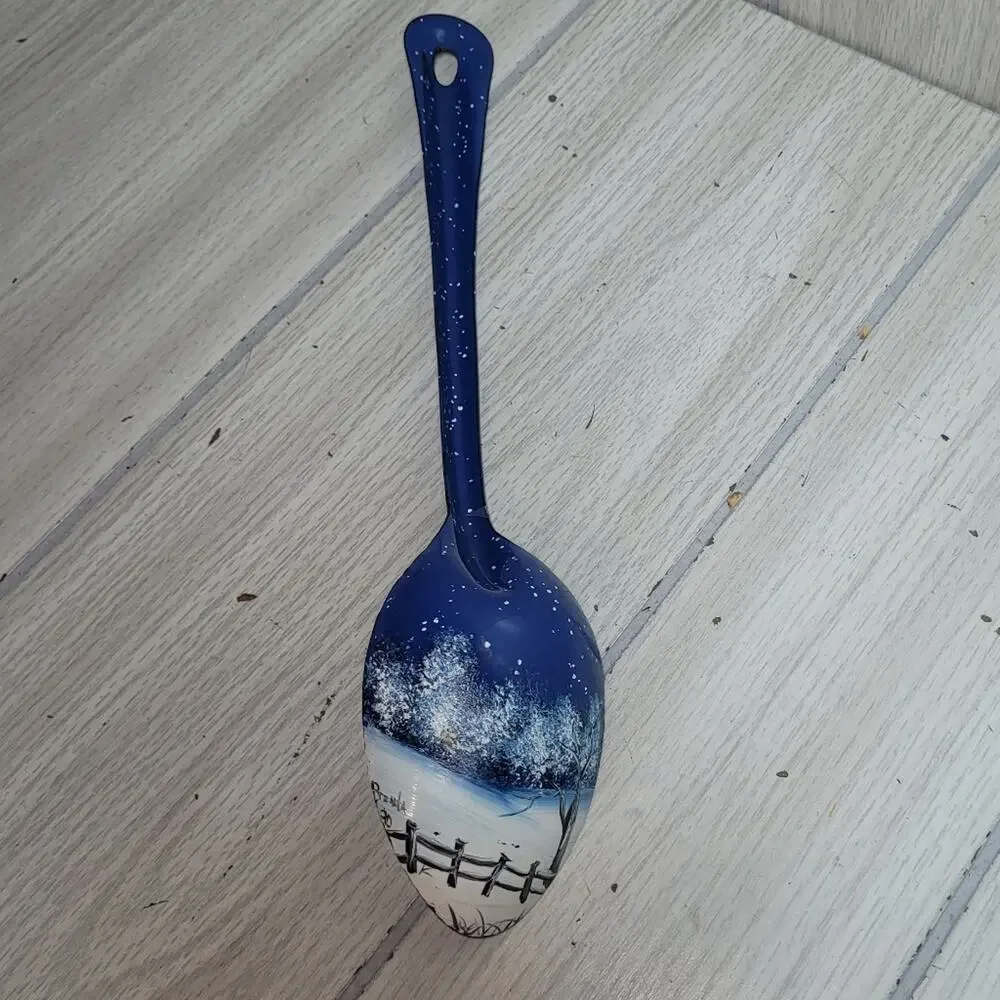 Vtg Handpainted Blue & White Decorative Metal Spoon Snow Scene Artist Sighned